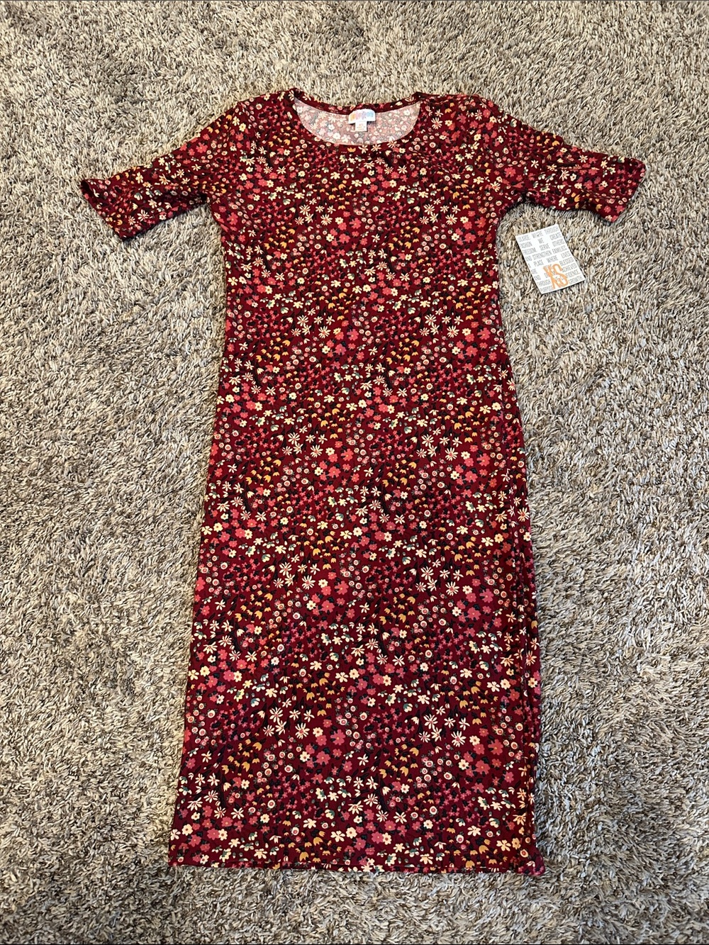 LuLaRoe Burgundy Floral Midi Dress with Pink and Cream Accents
